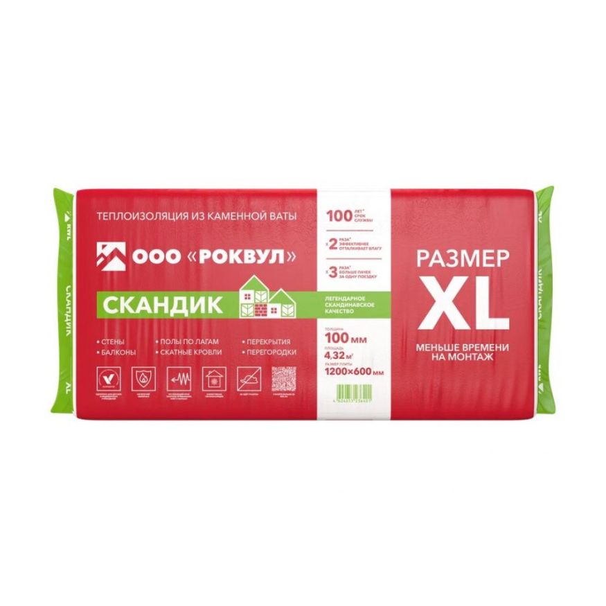 Утеплитель Роквул Скандик XL 100мм, 6 плит, 4.32м2, 600х1200мм, 0.432м3 Rockwool купить в Барнауле
